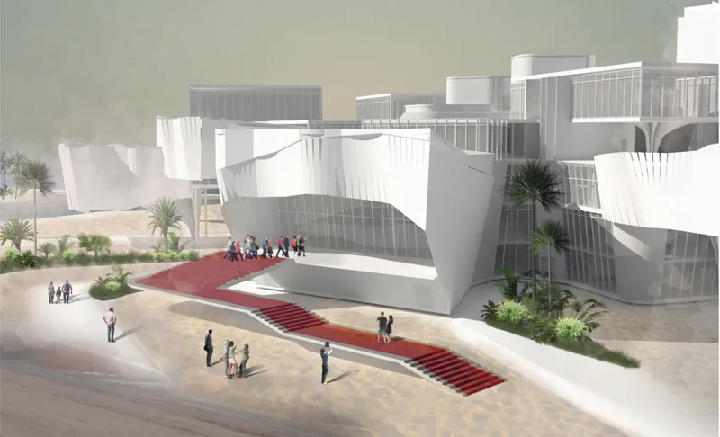 Sculptural white cinema volumes frame a red-carpet entrance in a desert cultural setting.