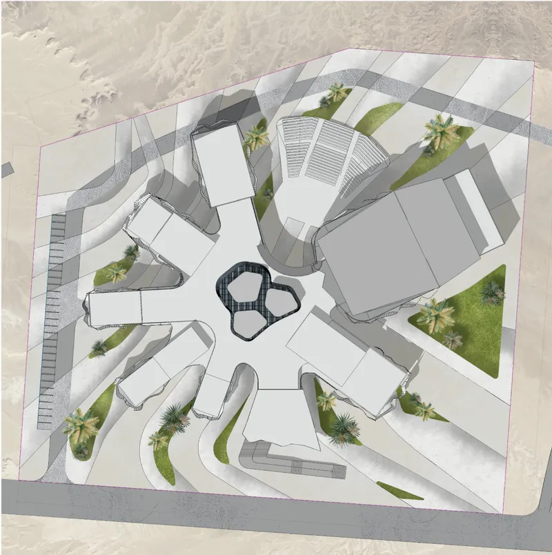 Master plan showing radial circulation, open-air screening, and landscaped public zones.