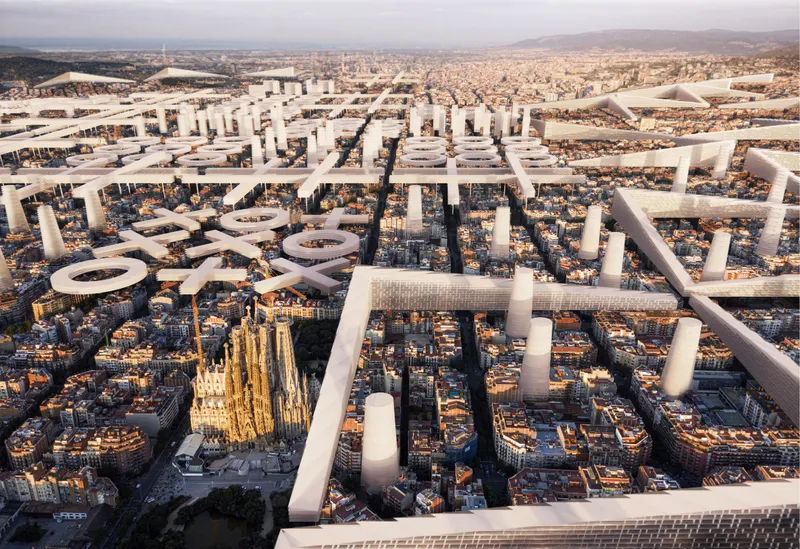 A speculative urban network rises around Barcelona’s landmarks, streets, and Cerdà grid