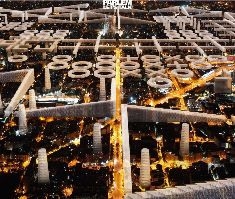 At night, illuminated towers and elevated forms create a new system of urban orientation