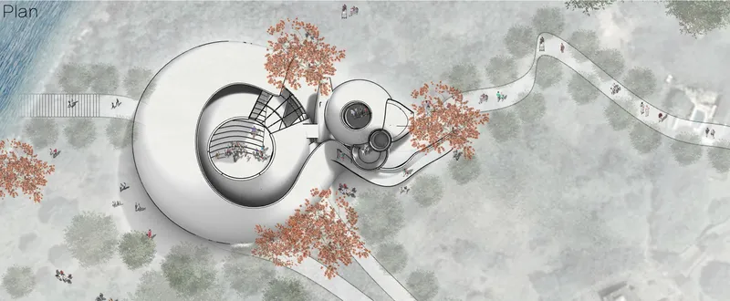 Organic architectural forms and winding pathways integrate the cultural complex with Montserrat’s natural landscape