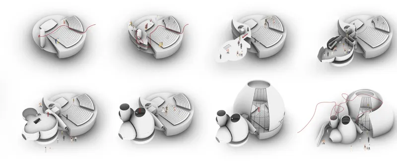 Sequential diagrams illustrate how circulation, program, and volcanic-inspired forms shape the final architectural composition