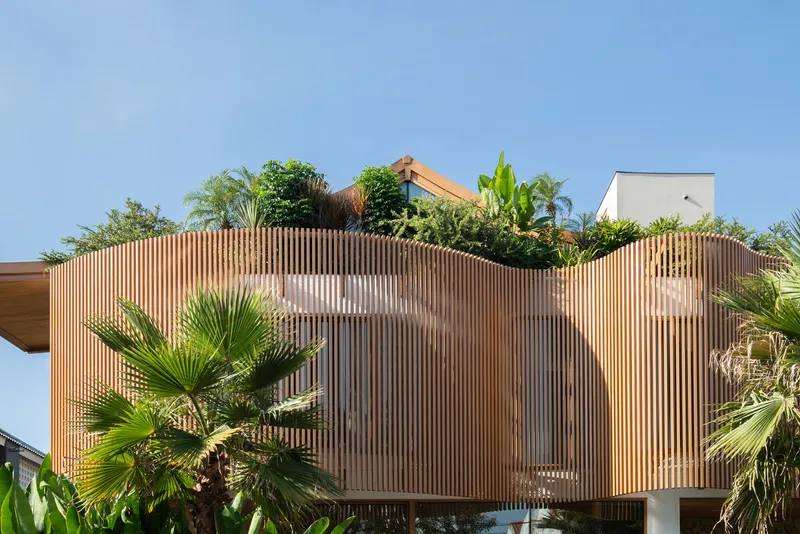 Curved vertical timber slat screen with rooftop garden and palms in foreground