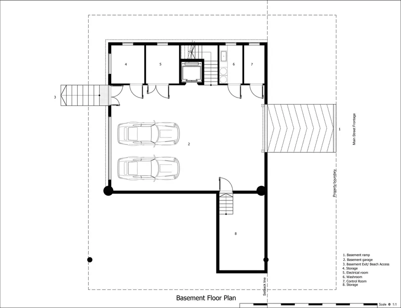Basement floor plan drawing showing garage with two vehicles and service rooms with central staircase