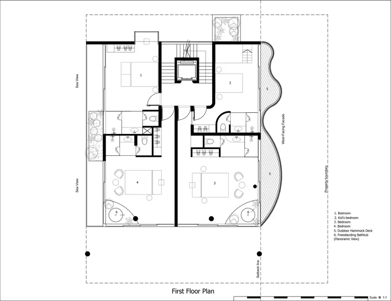 First floor plan showing two bedroom suites flanking a central stair core with outdoor deck access