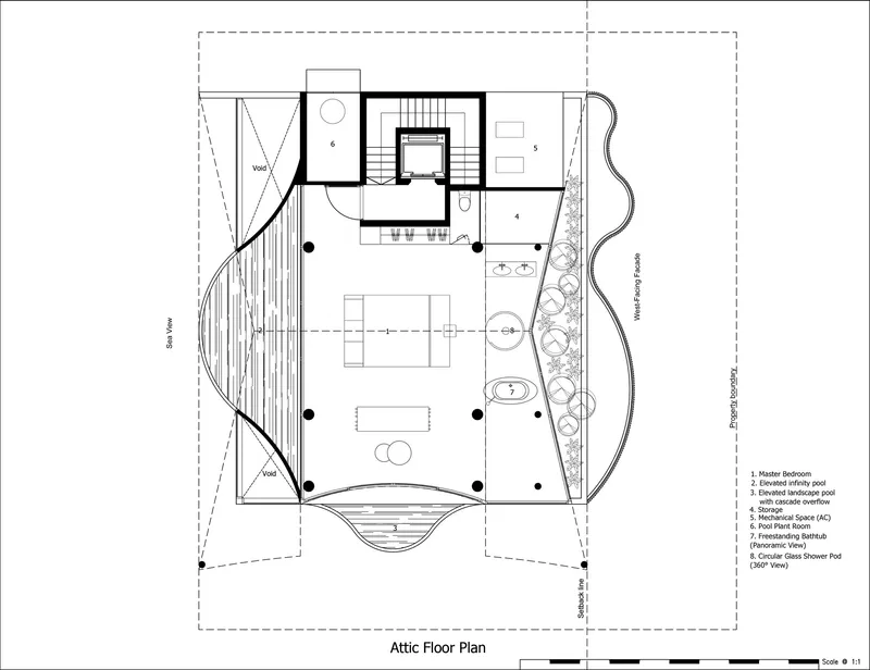 Attic floor plan showing master bedroom with infinity pool and elevated landscape pool on opposite sides