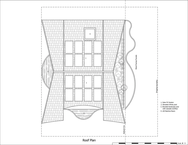 Roof plan showing solar panel array and rooftop machine room with curved pool projection below