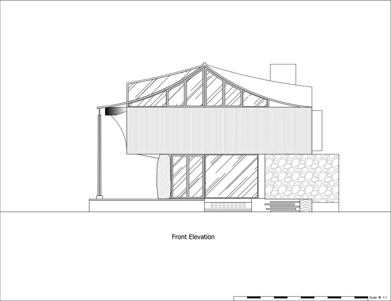 Front elevation drawing depicting a pitched roof with exposed trusses above a vertically clad cantilevered volume