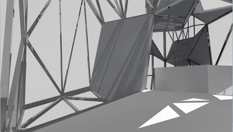 Interior view of exposed diagonal steel bracing with folded fabric panels and angled light through open framing