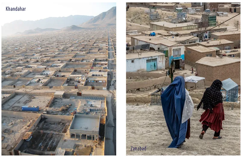 Kandahar and Zanabad context showing the dense urban fabric and everyday life surrounding the project site.
