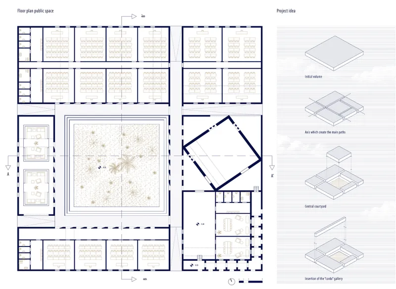 Public-space plan illustrating the central courtyard, classrooms, circulation axes, and the project’s spatial development concept.