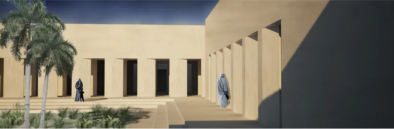 Courtyard rendering showing shaded walkways, earth-toned walls, planting, and protected communal spaces for residents.