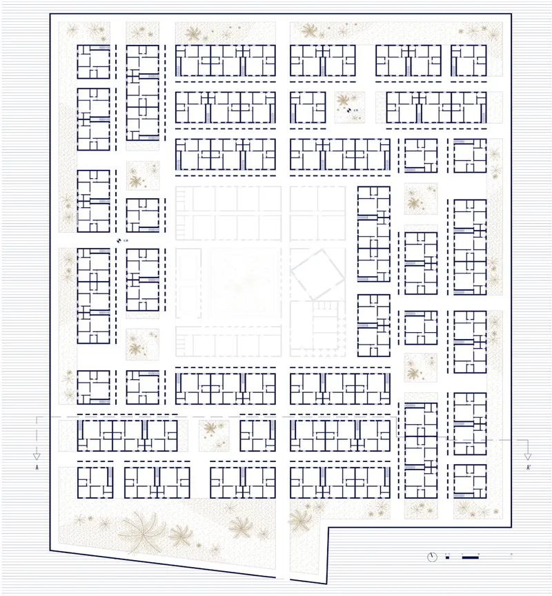 Residential masterplan organizing private housing clusters around landscaped courtyards and shared pedestrian routes.