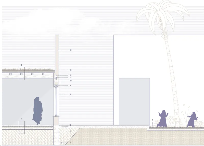 Architectural section detailing local construction methods, landscape integration, and the relationship between indoor and outdoor spaces.