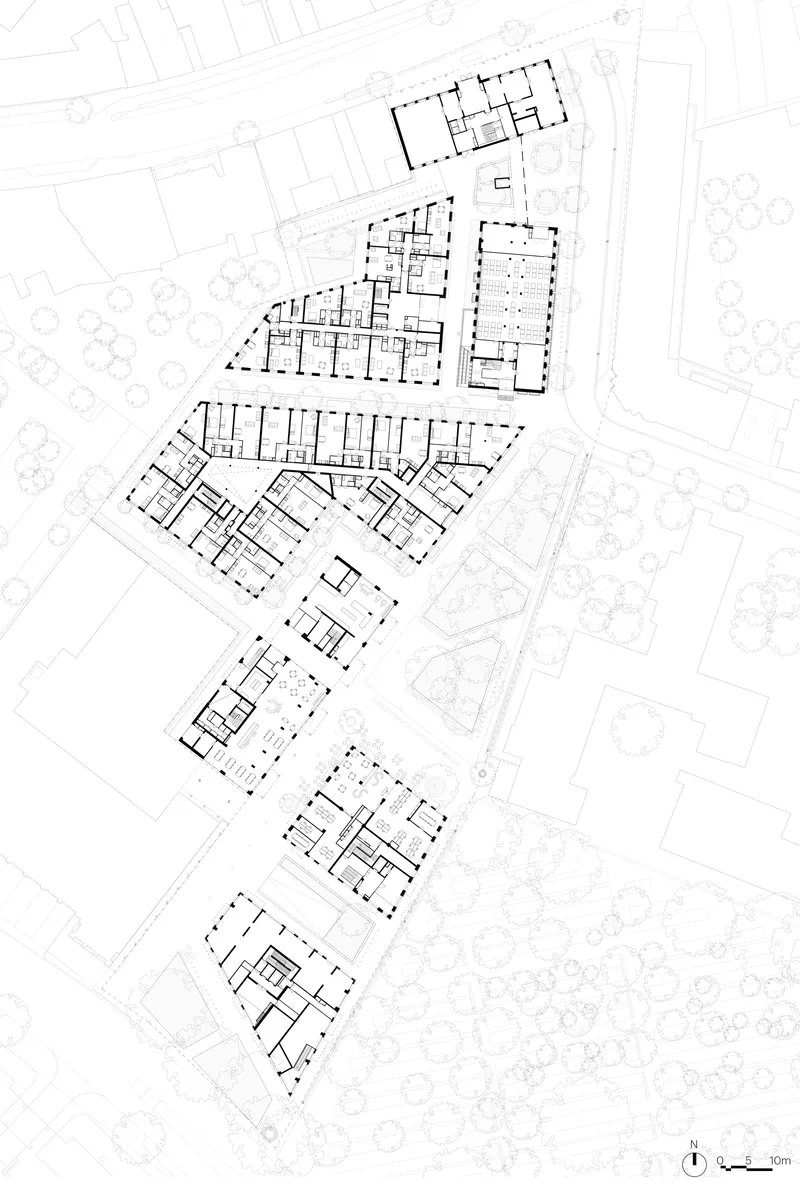 Site plan drawing showing a linear arrangement of building footprints along a street edge