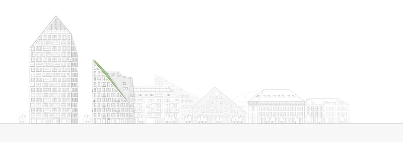Elevation drawing showing a cluster of gabled timber-framed buildings with one slanted green roof plane