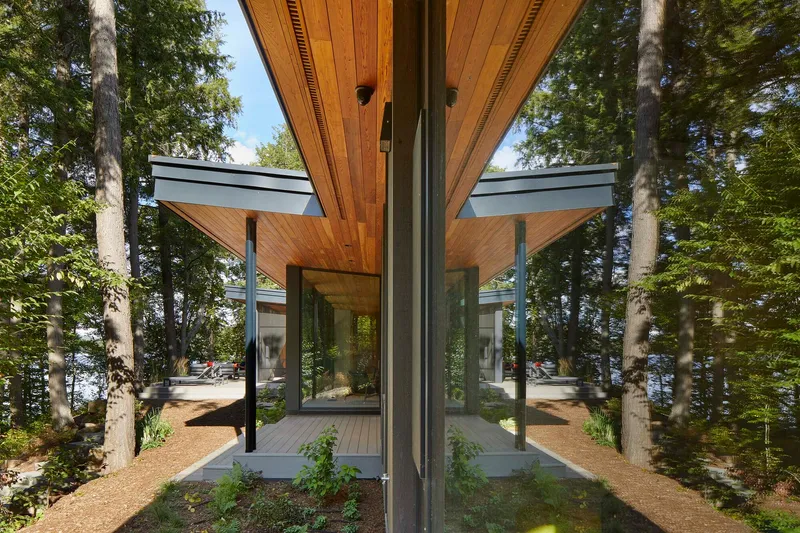 Corner glazing reflecting the timber soffit and tree trunks surrounding the building entry
