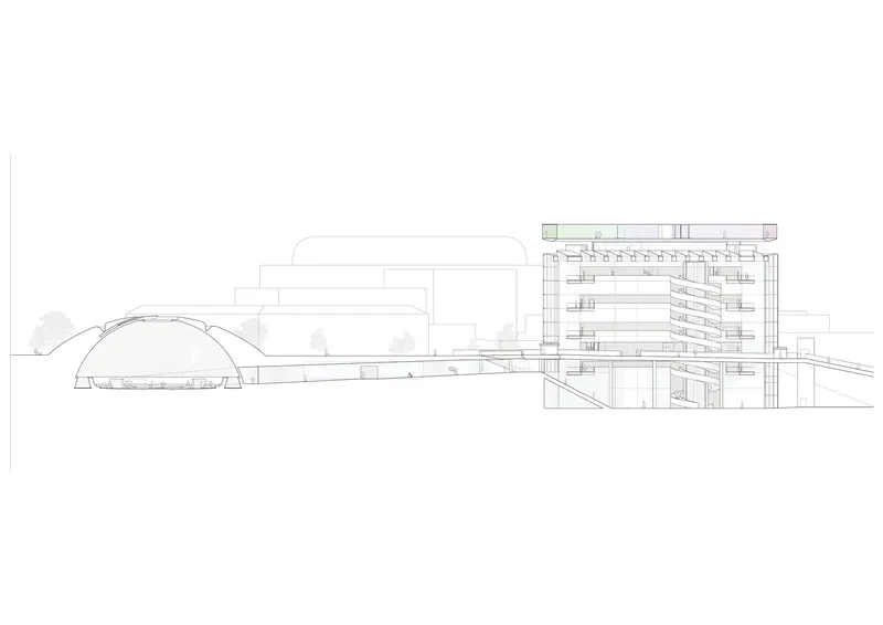 Section drawing revealing domed auditorium and multi-level gallery wing with exposed structural framing