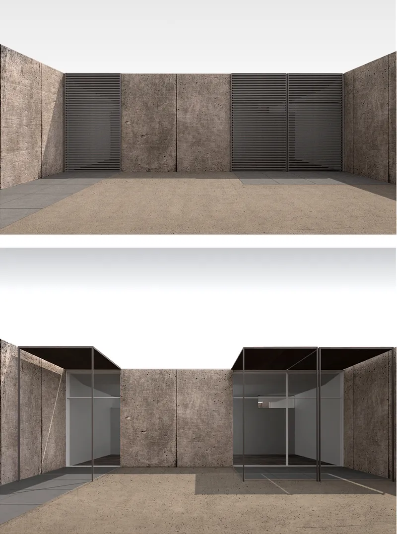Private courtyard housing combining sheltered rooms, screens, and open-air living.