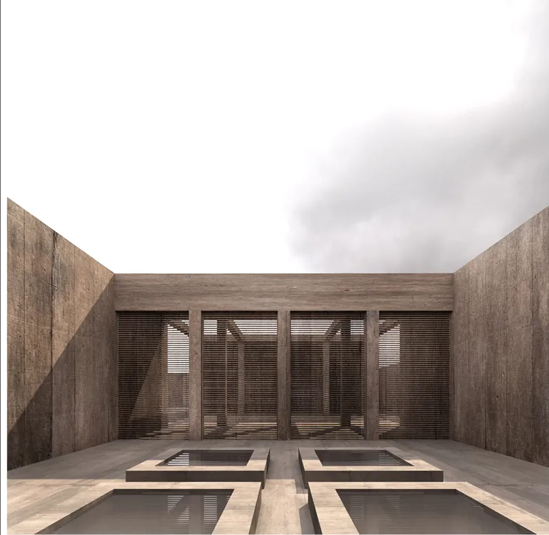 Contemplative inner garden designed around light, water, shade, and enclosure.