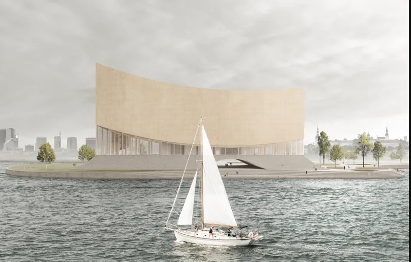 Rendering of the curved timber facade viewed from the water with a sailboat in the foreground