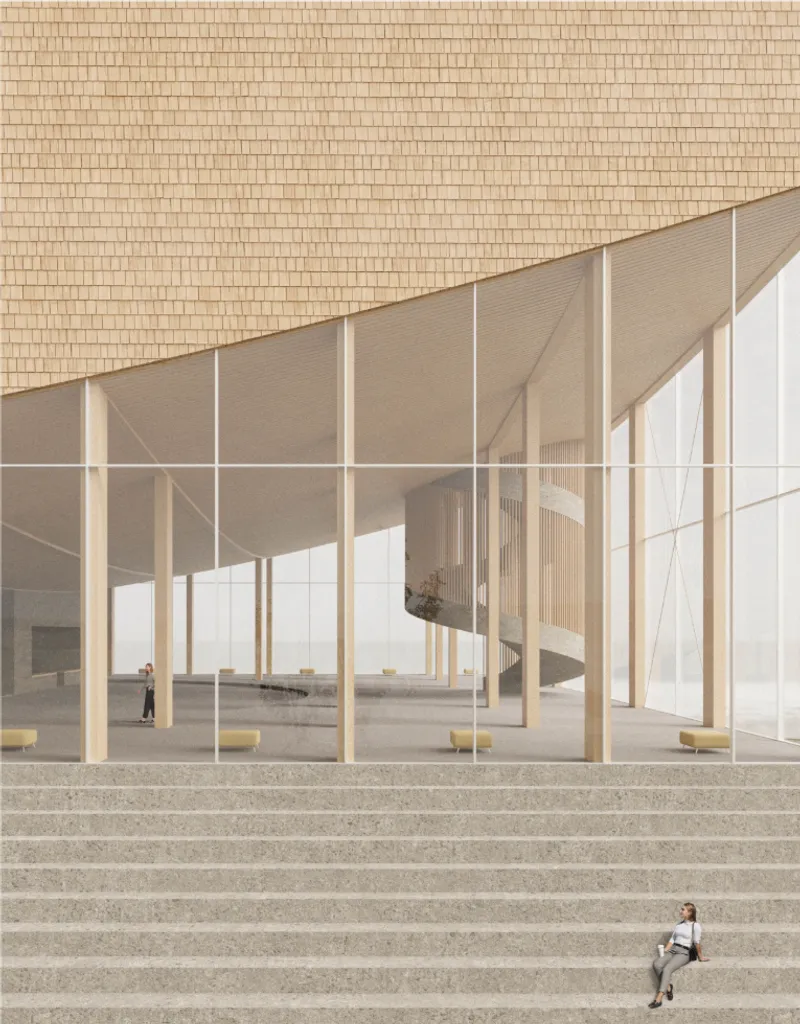 Exterior view of the brick-clad curved volume above slender timber columns with a person seated on steps