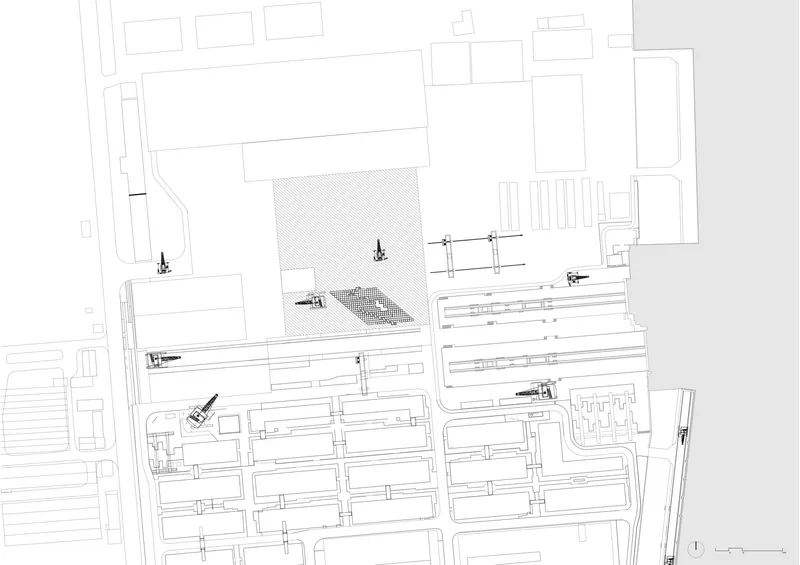 Site plan drawing depicting parallel building bars with a courtyard and surrounding urban context