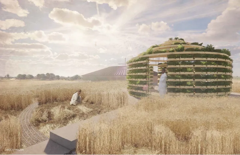 The garden pavilion rises from the field as a planted structure for cultivation, reflection, and ecological learning.