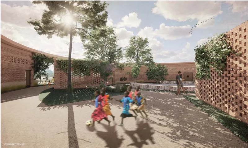 Perforated brick walls and courtyard trees shape a playful, breathable community environment.