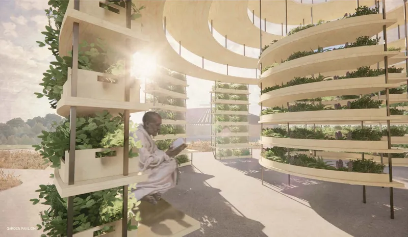 Layered planting systems create a living pavilion for herbs, medicine, food, and quiet contemplation.
