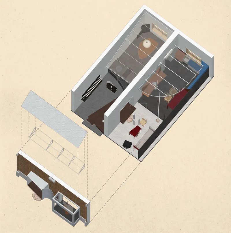 Axonometric drawing showing the two-level apartment with furnished rooms and an external courtyard canopy