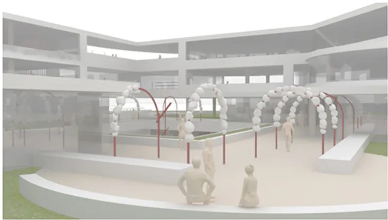 Courtyard forum with red arches, modular exhibits, and social seating areas.