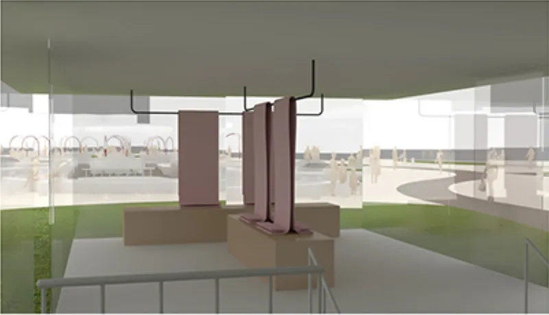 Fabric display zone overlooking the public forum and landscaped outdoor circulation.
