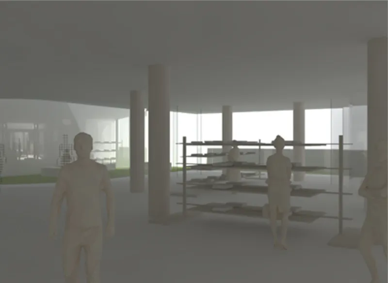 Minimal retail interior with open shelving, soft daylight, and flexible fashion display zones.