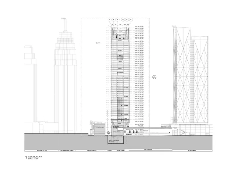 Building section drawing showing the tall tower rising above adjacent structures and underground rail corridor