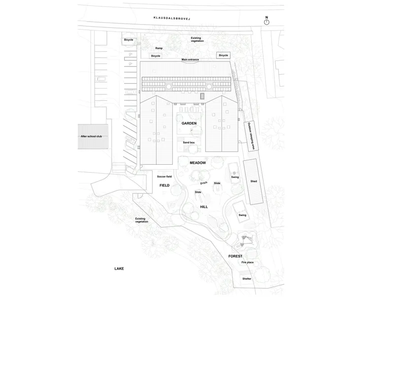Site plan drawing showing building placement among labeled landscape zones including garden, meadow, and forest