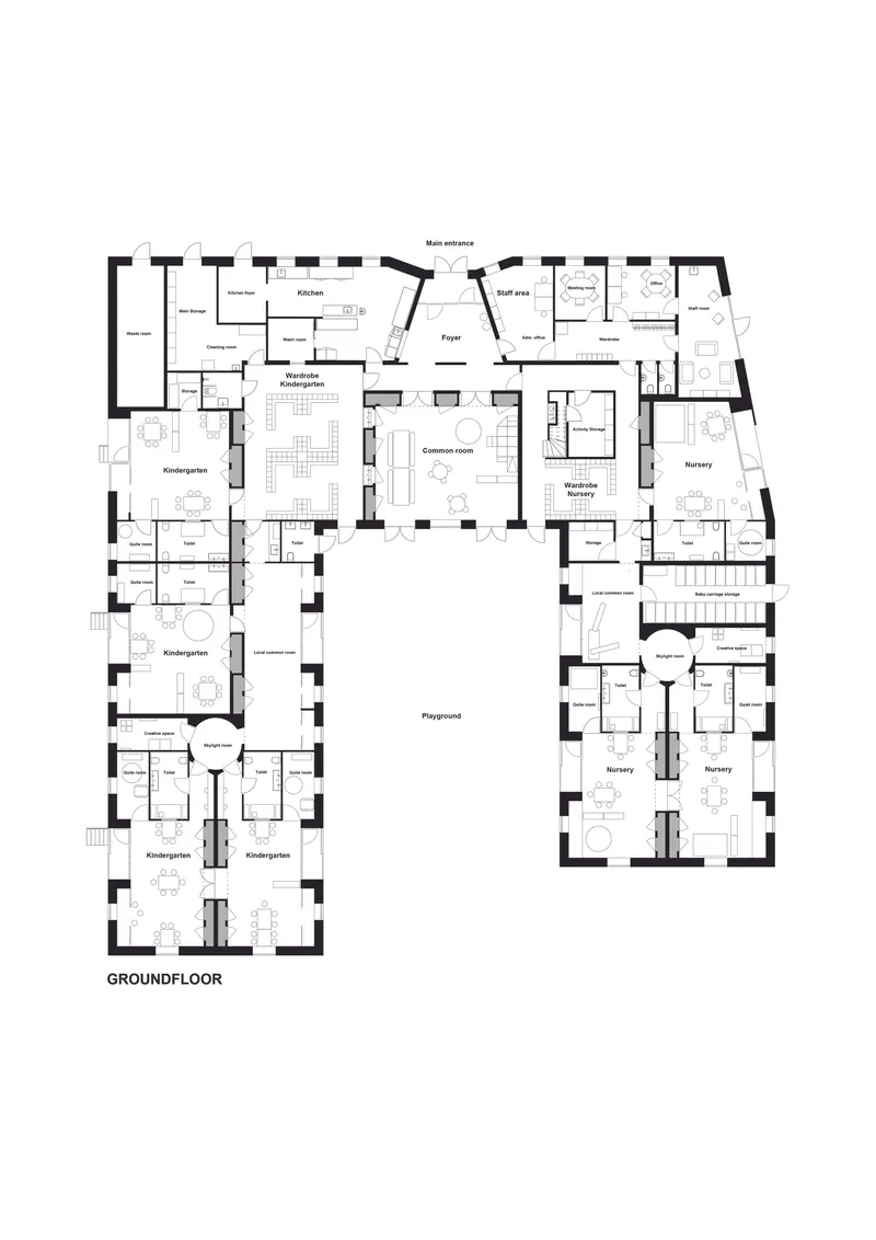 Ground floor plan drawing showing rooms organized around a central courtyard with kindergarten spaces flanking the sides