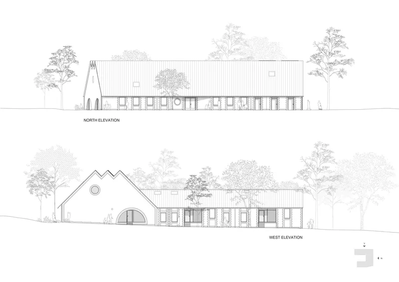 Elevation drawings showing a low horizontal building with peaked roof and colonnade beneath mature trees