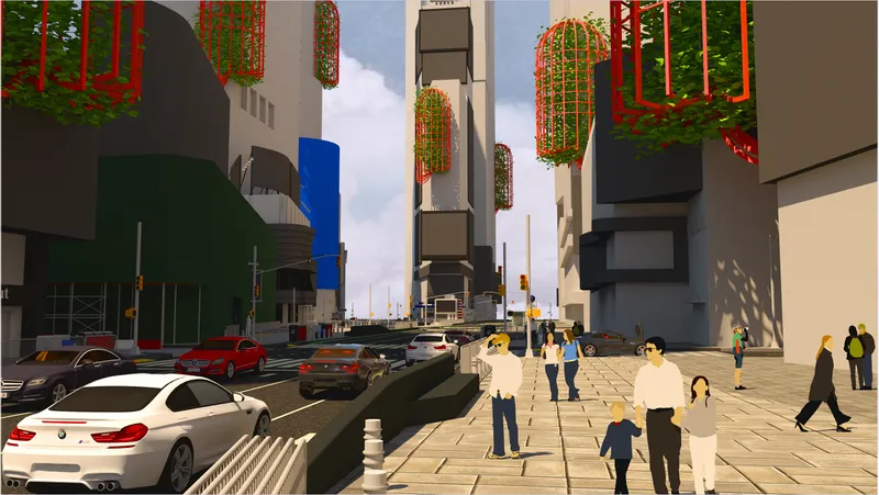 Repeated vertical gardens introduce greenery and shared public spaces across a dense, traffic-dominated city corridor.