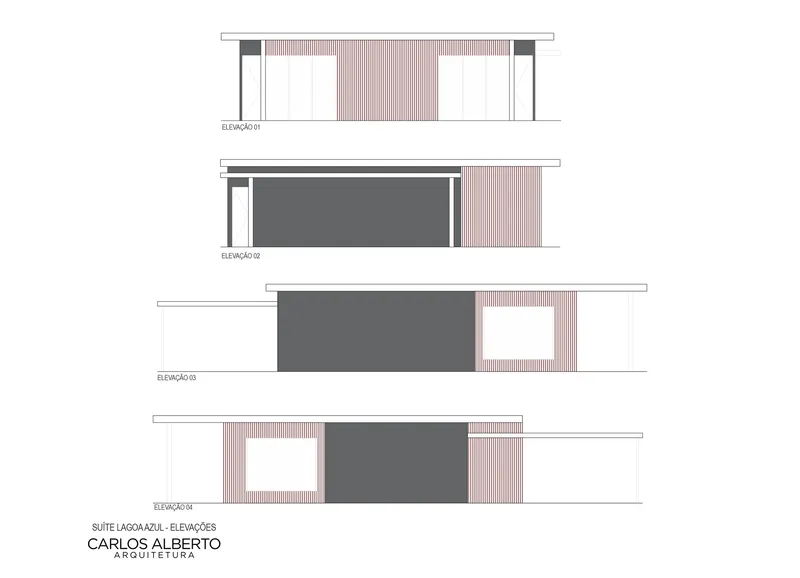 Elevation drawings showing four facade variations with striated panels in white and terracotta tones