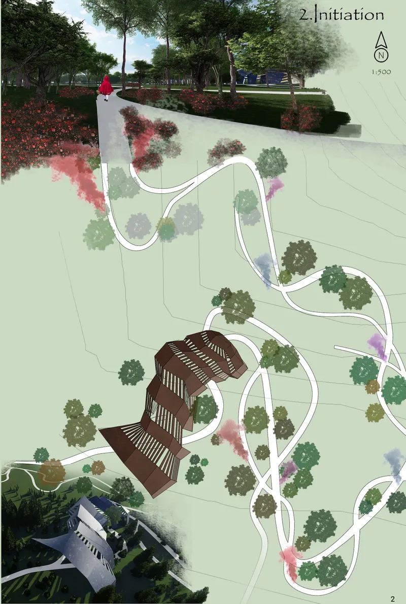 Site plan showing meandering paths between trees with rendered perspective views of the pavilion buildings