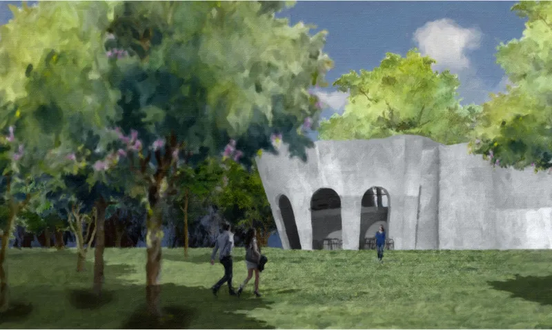 Brew Hub’s curved concrete form opens into the landscape through soft arches and shaded outdoor seating.