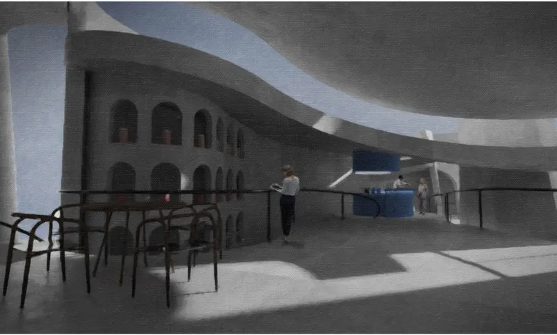 The interior uses layered arches, muted concrete, and colored counters to guide movement and social exchange.
