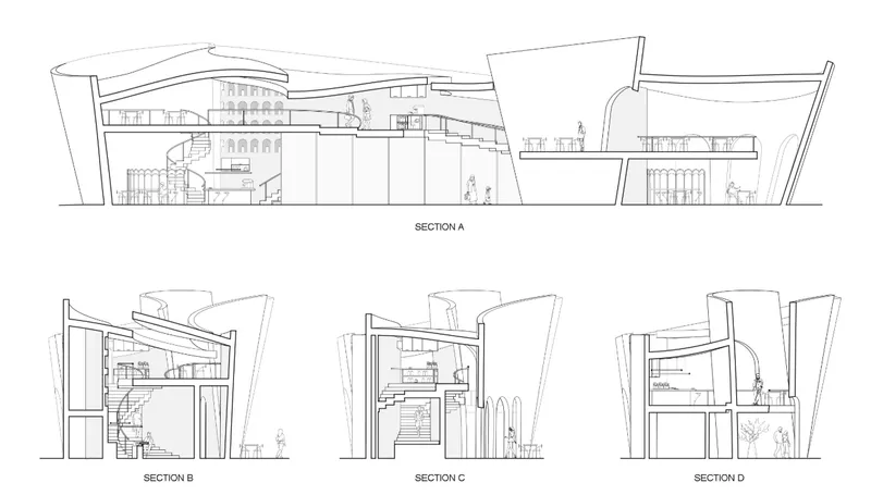Section drawings reveal Brew Hub’s multilevel spatial network of stairs, terraces, counters, and arched volumes.