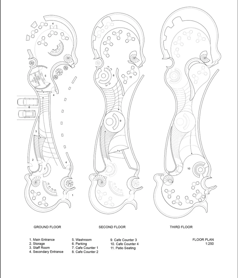 Floor plans show the café’s organic layout, linking entrances, counters, seating zones, and vertical circulation.