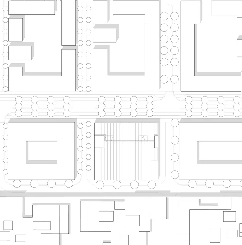 Site plan drawing showing a rectangular volume surrounded by street trees and adjacent building footprints