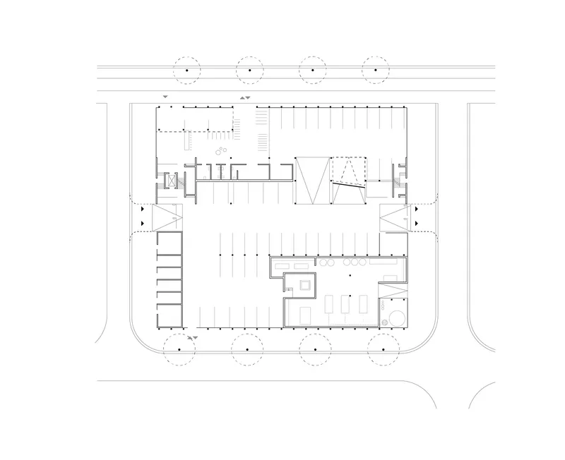 Ground floor plan drawing depicting interior layout with central stair and perimeter street trees