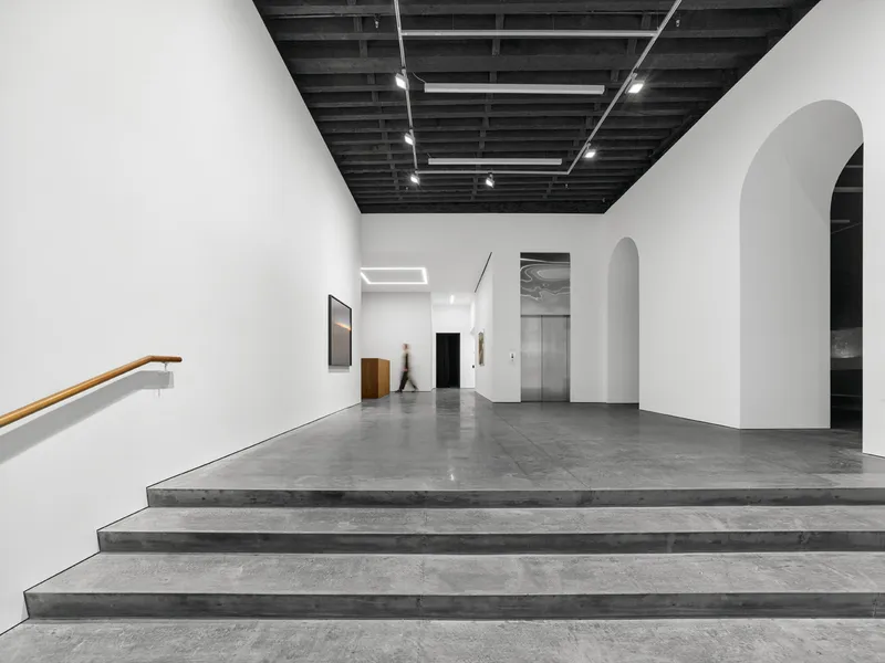 Wide concrete stairs with timber handrail leading to gallery space with arched doorways