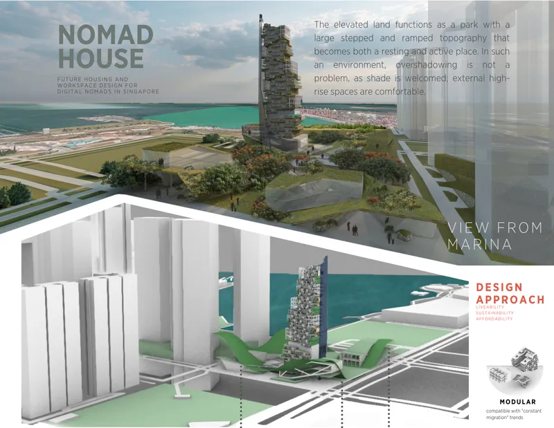 The biophilic living tower uses sky gardens, vegetation, and climate-responsive design for tropical urban living.