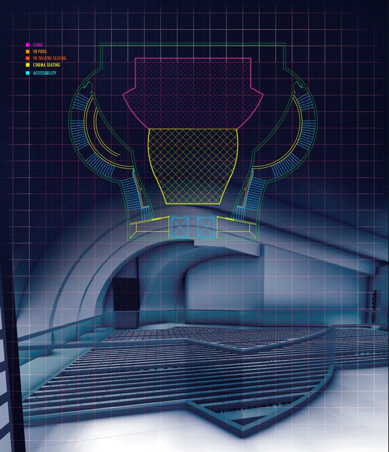 VR theatre plan integrating stage, immersive pods, cinema seating, and accessible circulation.